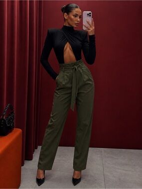 Olive Green Tie Waist Pants – High Rise Relaxed Fit pants